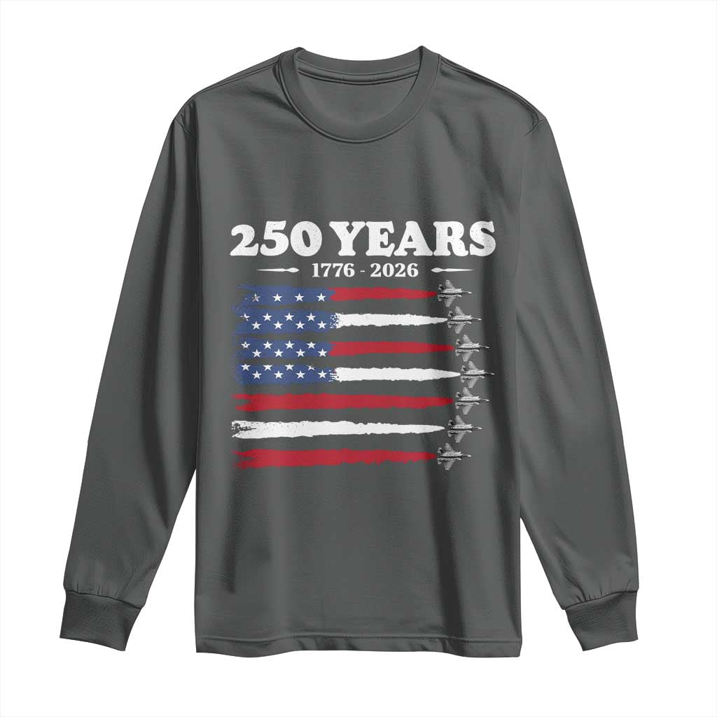 American Flag Fighter Jets Long Sleeve Shirt USA 250 Years Of Freedom TS12 Dark Heather Print Your Wear