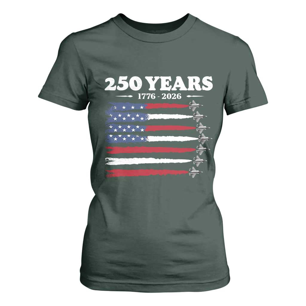 American Flag Fighter Jets T Shirt For Women USA 250 Years Of Freedom TS12 Dark Forest Green Print Your Wear
