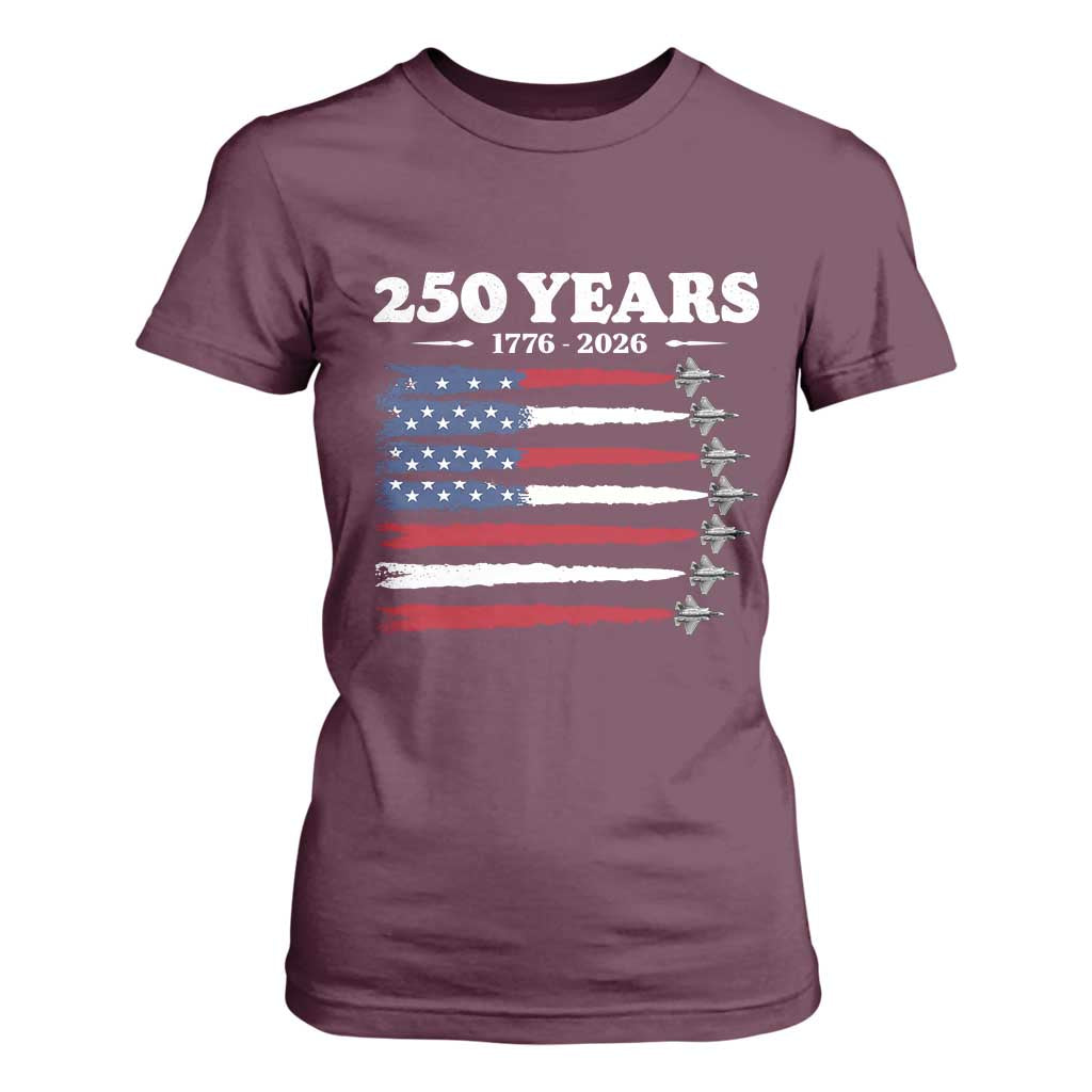 American Flag Fighter Jets T Shirt For Women USA 250 Years Of Freedom TS12 Maroon Print Your Wear