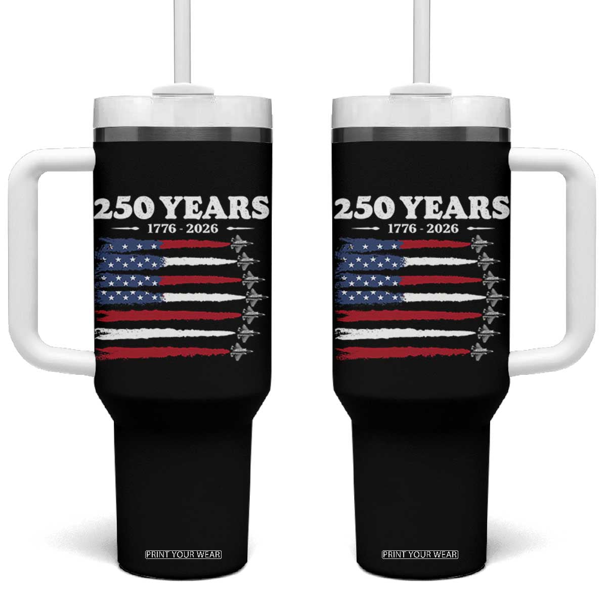 American Flag Fighter Jets Tumbler With Handle USA 250 Years Of Freedom TS12 One Size: 40 oz Black Print Your Wear