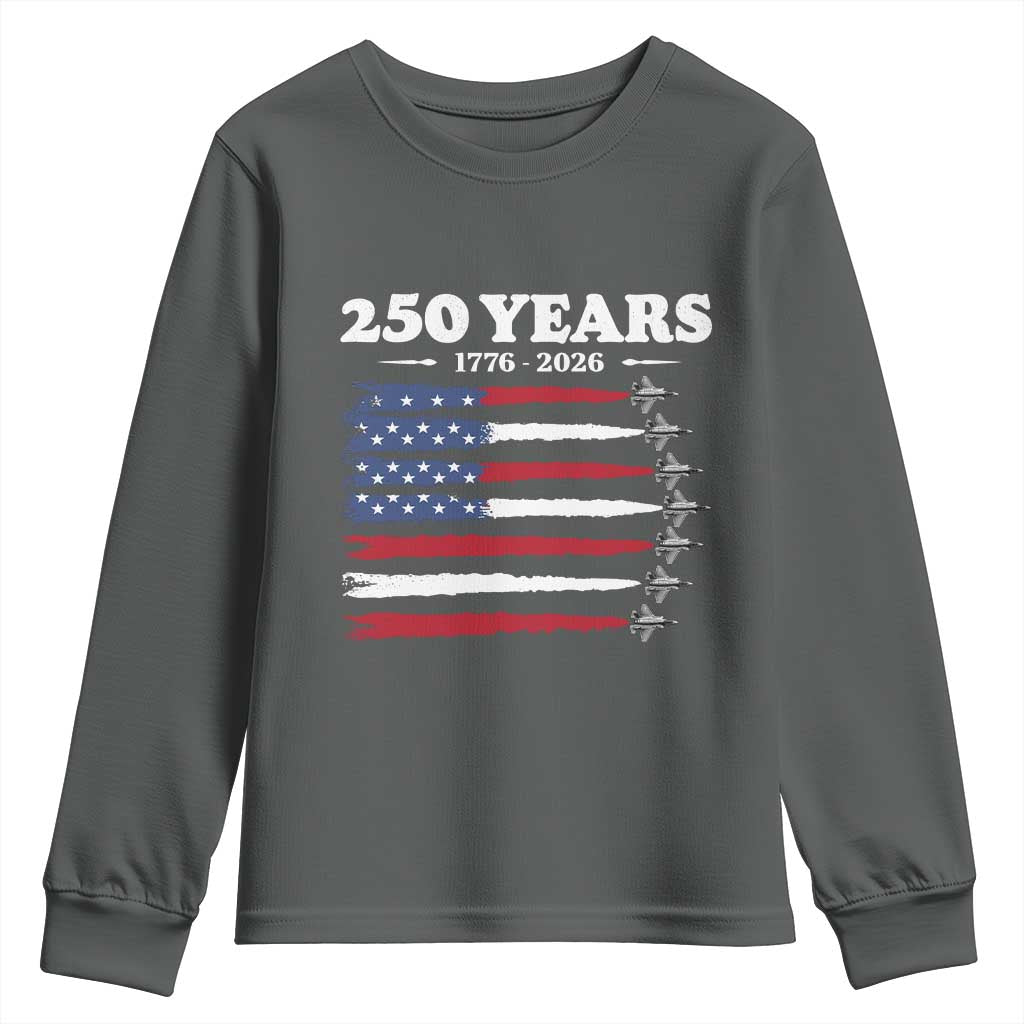 American Flag Fighter Jets Youth Sweatshirt USA 250 Years Of Freedom TS12 Dark Heather Print Your Wear