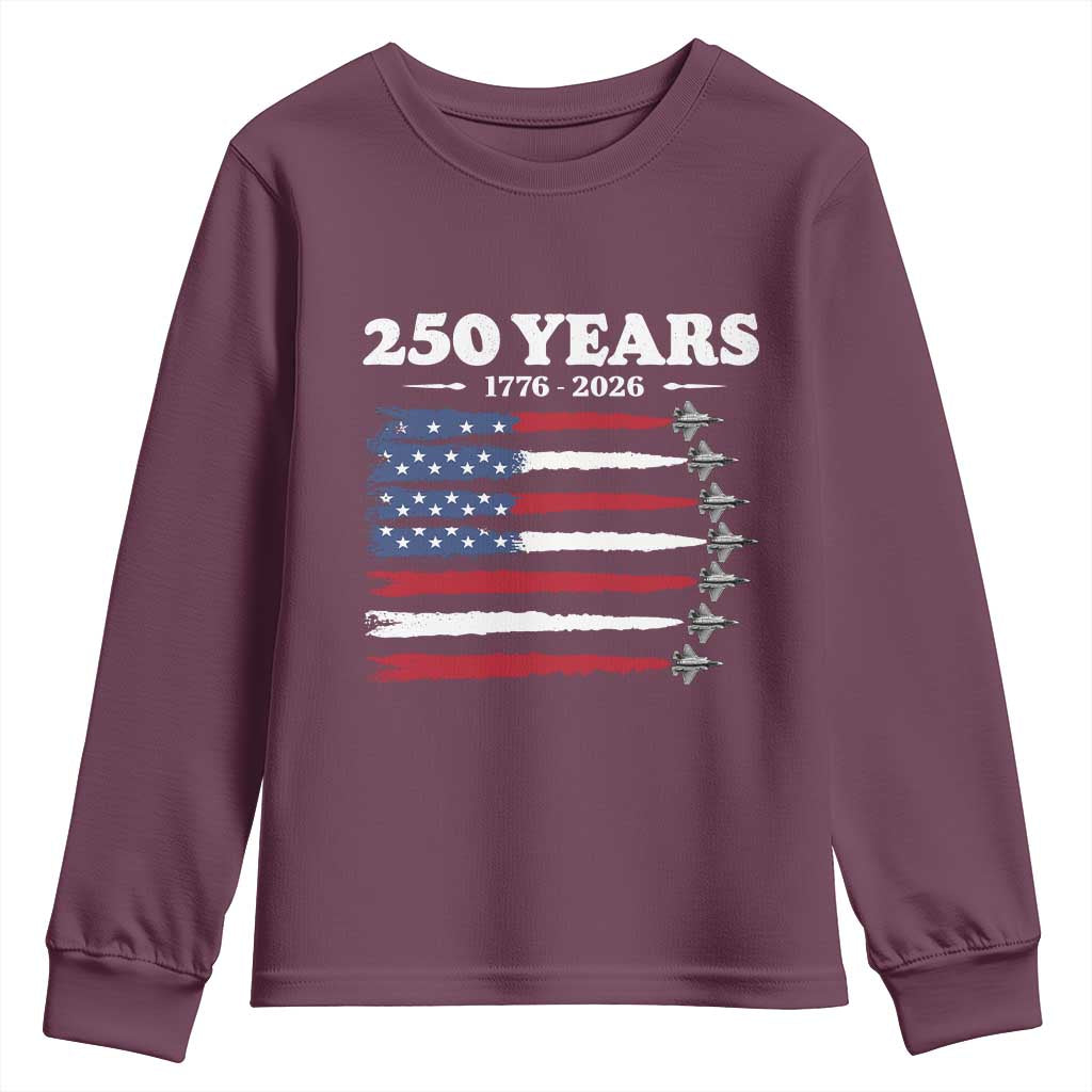 American Flag Fighter Jets Youth Sweatshirt USA 250 Years Of Freedom TS12 Maroon Print Your Wear