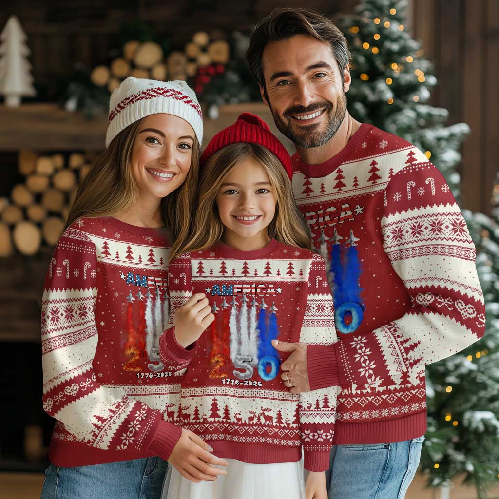 Patriotic Fighter Jets Ugly Christmas Sweater USA 250 Years Of Freedom TS12 Red Beige Print Your Wear
