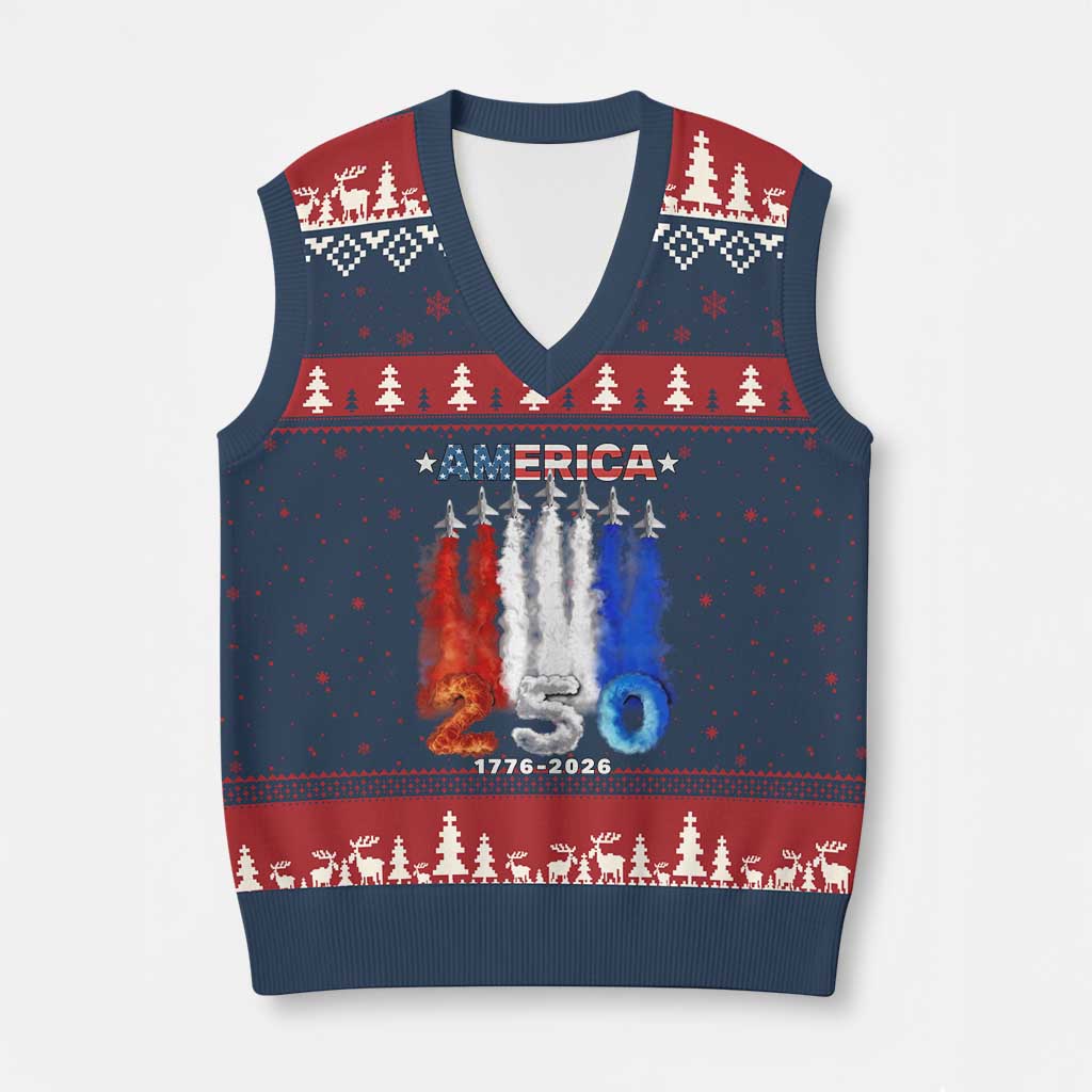 Patriotic Fighter Jets V-Neck Knit Sweater Vest USA 250 Years Of Freedom TS12 Navy Red Print Your Wear
