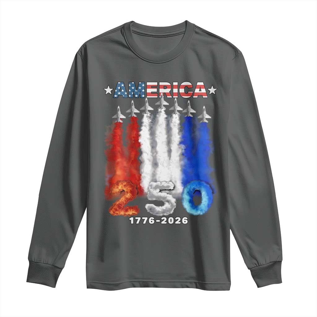 Patriotic Fighter Jets Long Sleeve Shirt USA 250 Years Of Freedom TS12 Dark Heather Print Your Wear