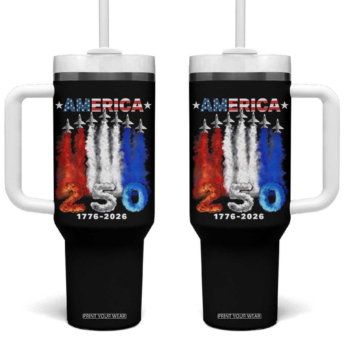 Patriotic Fighter Jets Tumbler With Handle USA 250 Years Of Freedom TS12 One Size: 40 oz Black Print Your Wear
