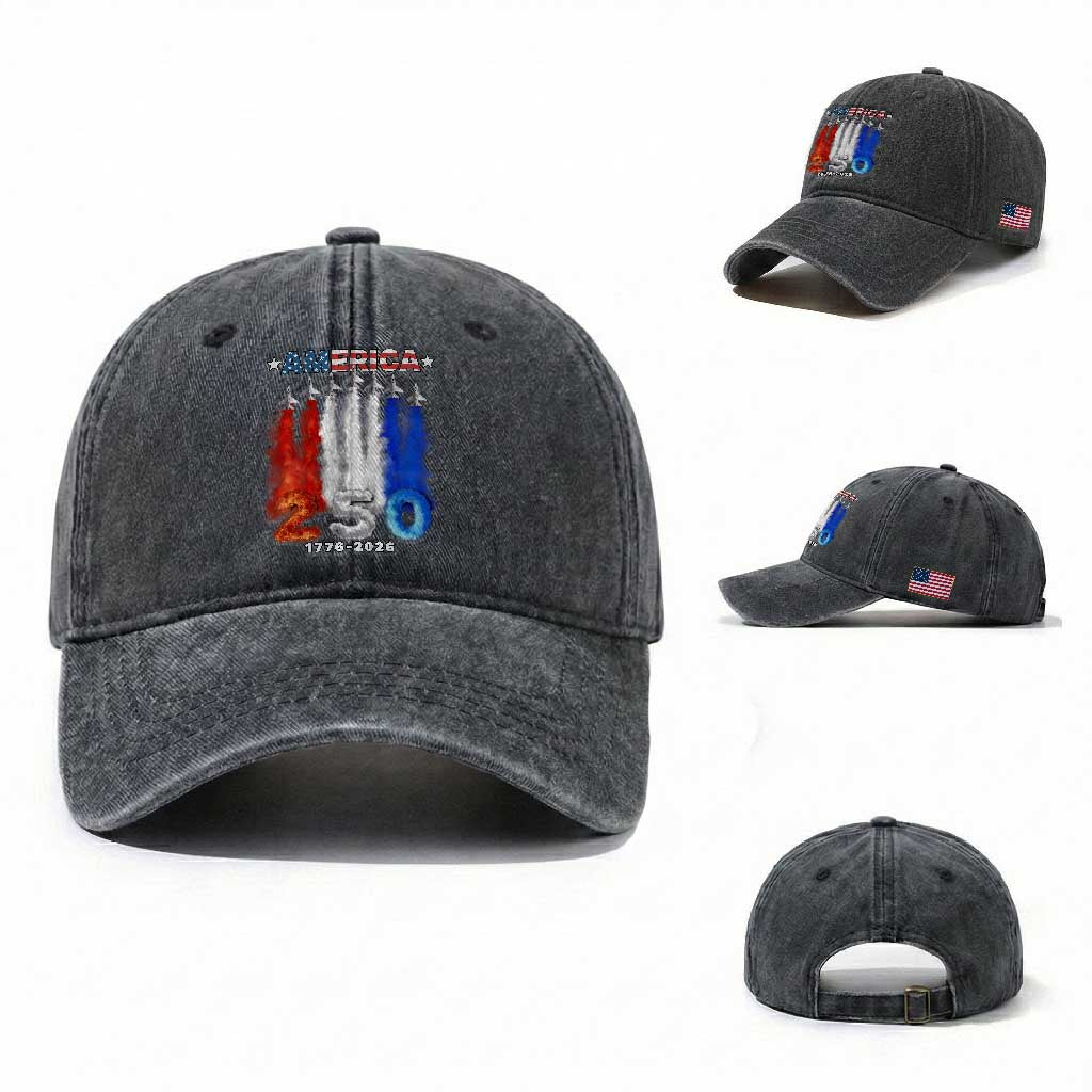 Patriotic Fighter Jets Washed Cotton Baseball Cap USA 250 Years Of Freedom TS12 Washed Cap Universal Fit Dark Gray Print Your Wear