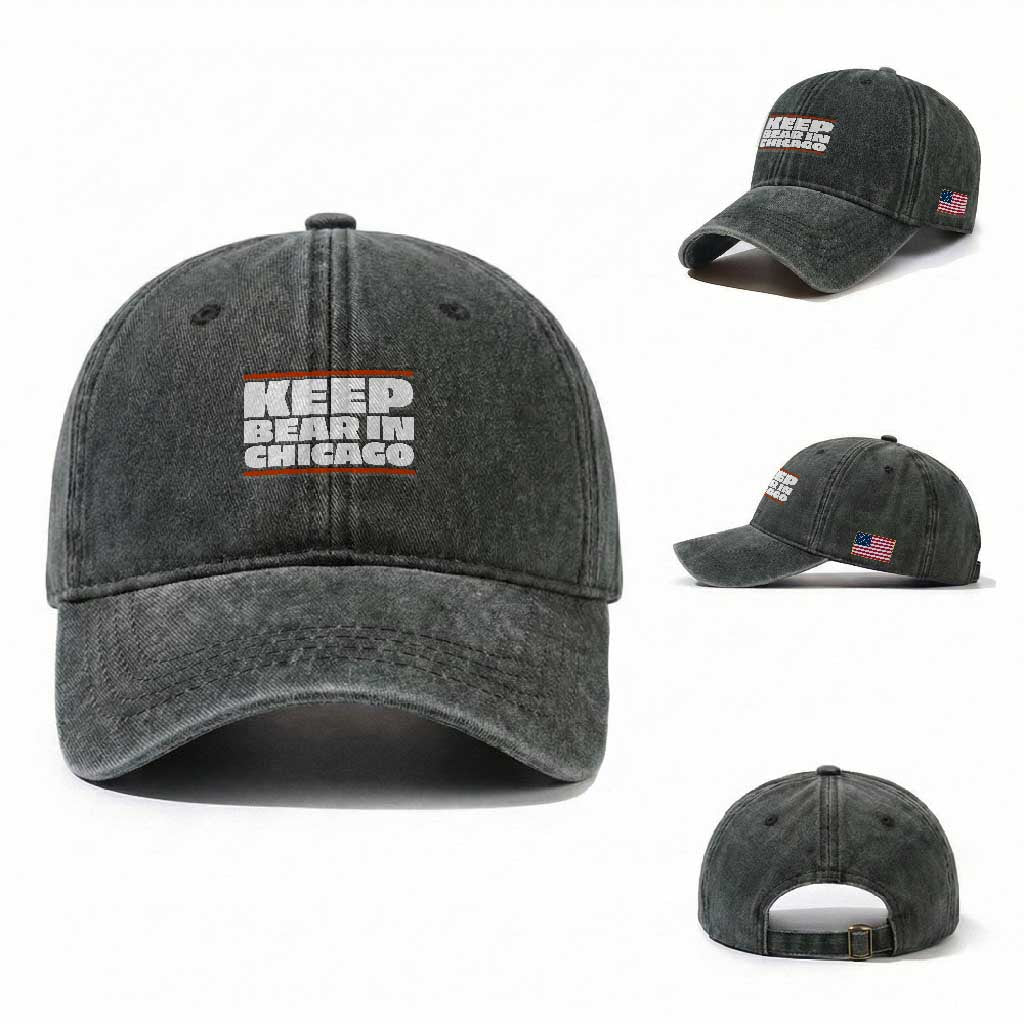 Keep Bear In Chicago CFB Washed Cotton Baseball Cap Funny Football Fan Pride TS12 Washed Cap Universal Fit Dark Green Print Your Wear