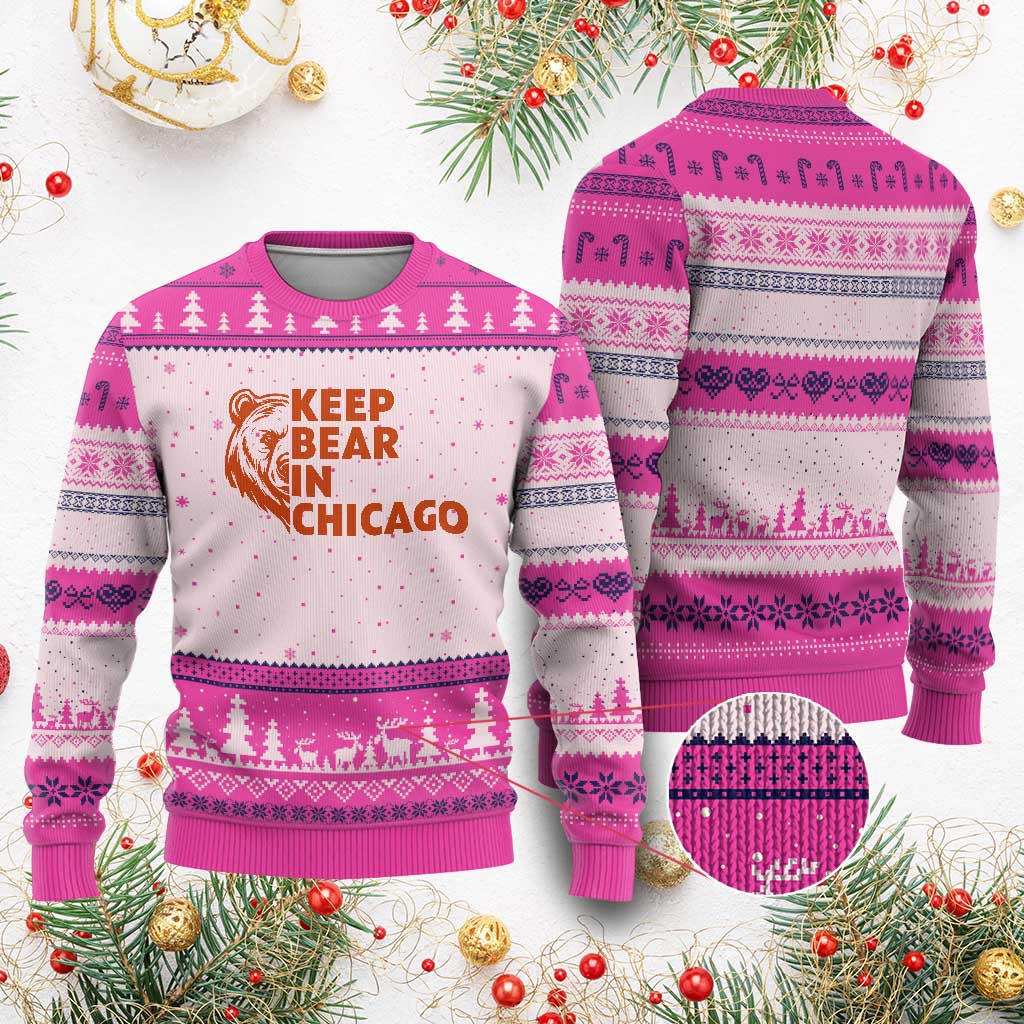 Keep Bear In Chicago CFB Ugly Christmas Sweater Gift For Sports Lovers TS12 Hot Pink Print Your Wear