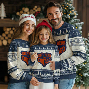 Keep Bear In Chicago CFB Ugly Christmas Sweater Gift For Football Lovers TS12 Beige Navy Print Your Wear