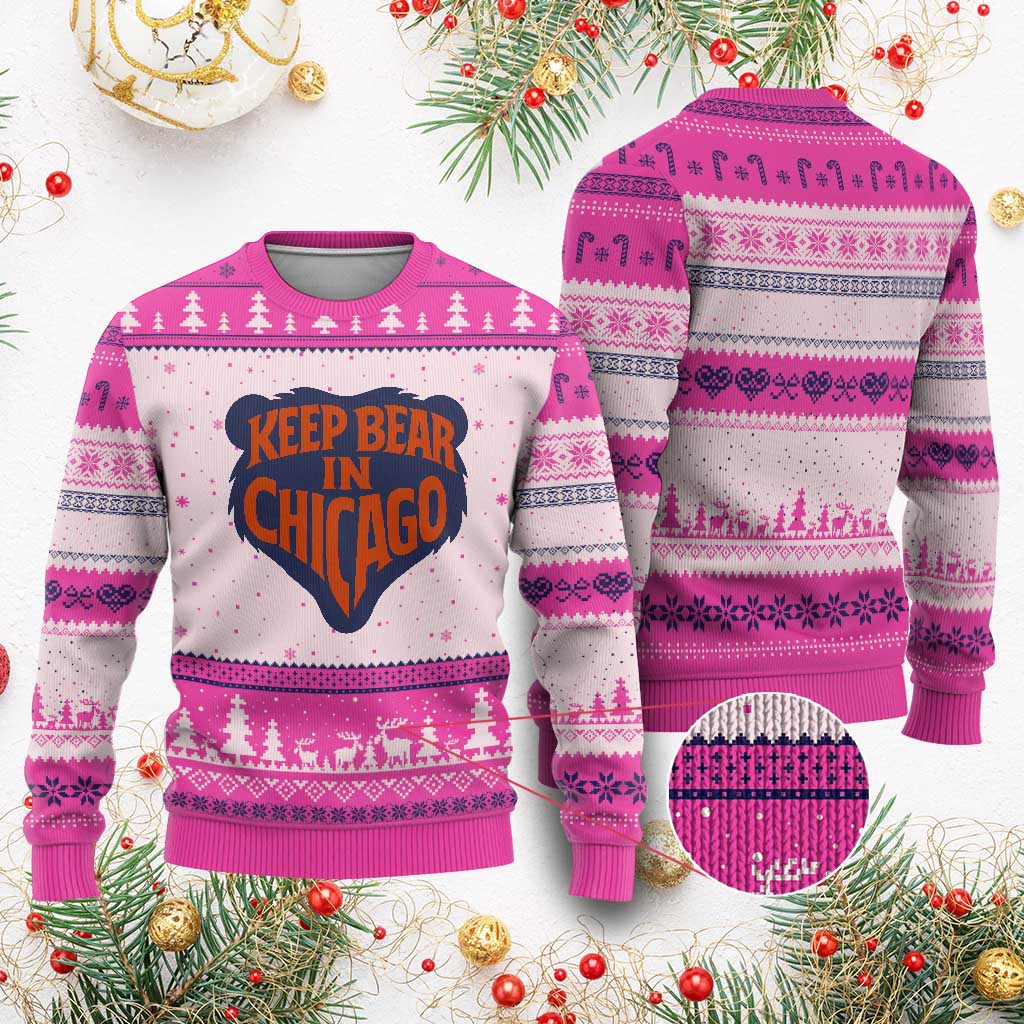 Keep Bear In Chicago CFB Ugly Christmas Sweater Gift For Football Lovers TS12 Hot Pink Print Your Wear