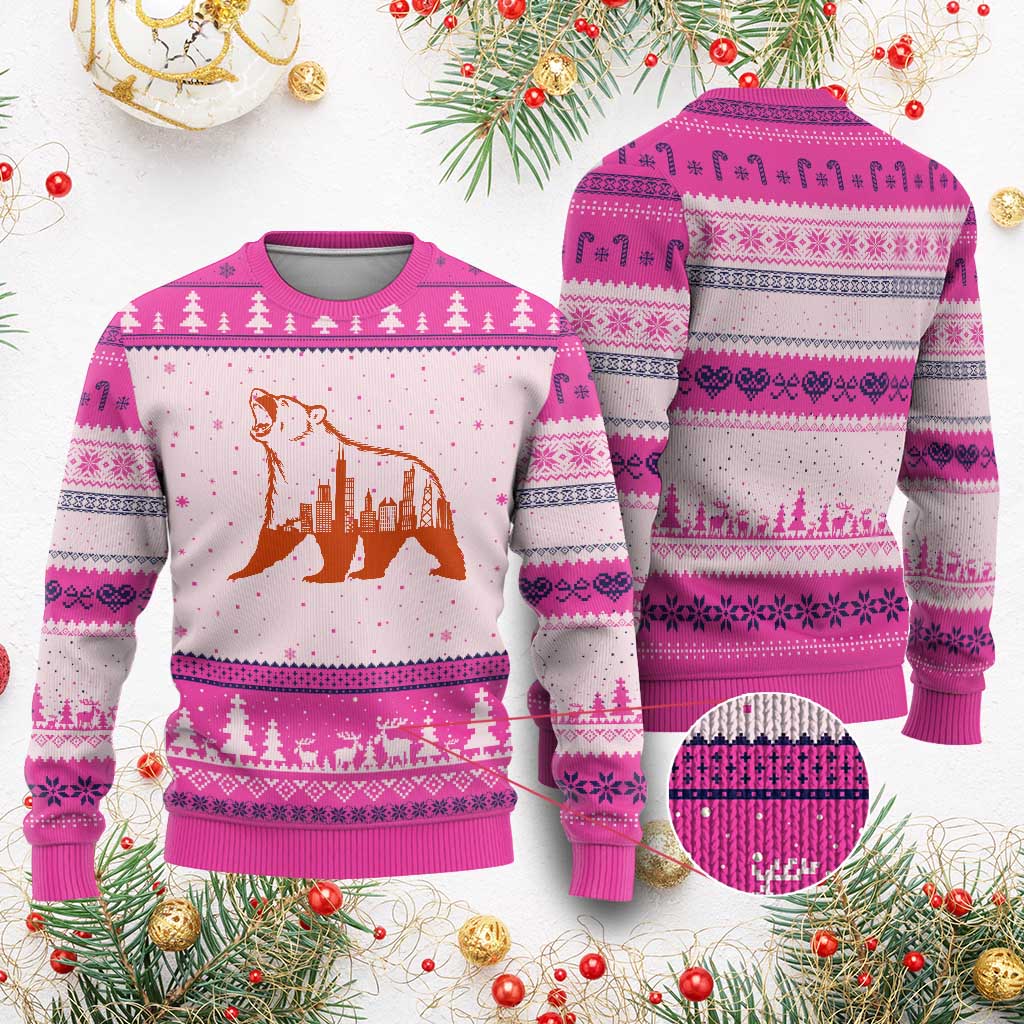 Chicago Skyline Bear Ugly Christmas Sweater Urban Streetwear Gift TS12 Hot Pink Print Your Wear