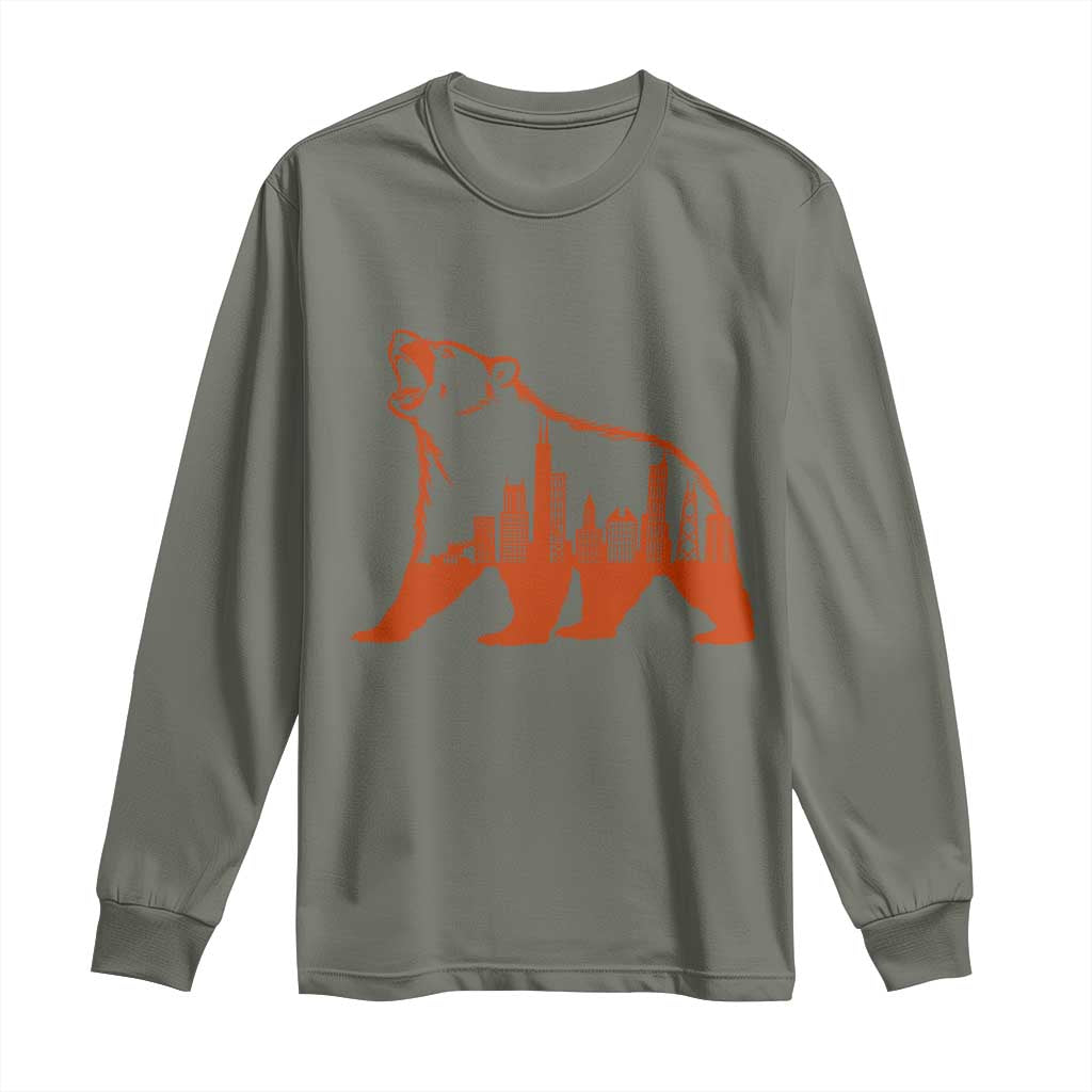 Chicago Skyline Bear Long Sleeve Shirt Urban Streetwear Gift TS12 Military Green Print Your Wear