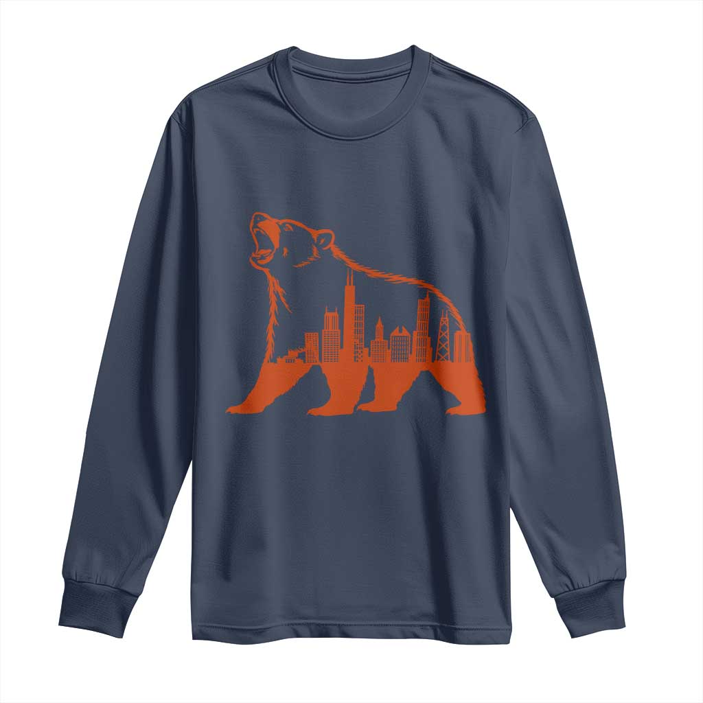 Chicago Skyline Bear Long Sleeve Shirt Urban Streetwear Gift TS12 Navy Print Your Wear