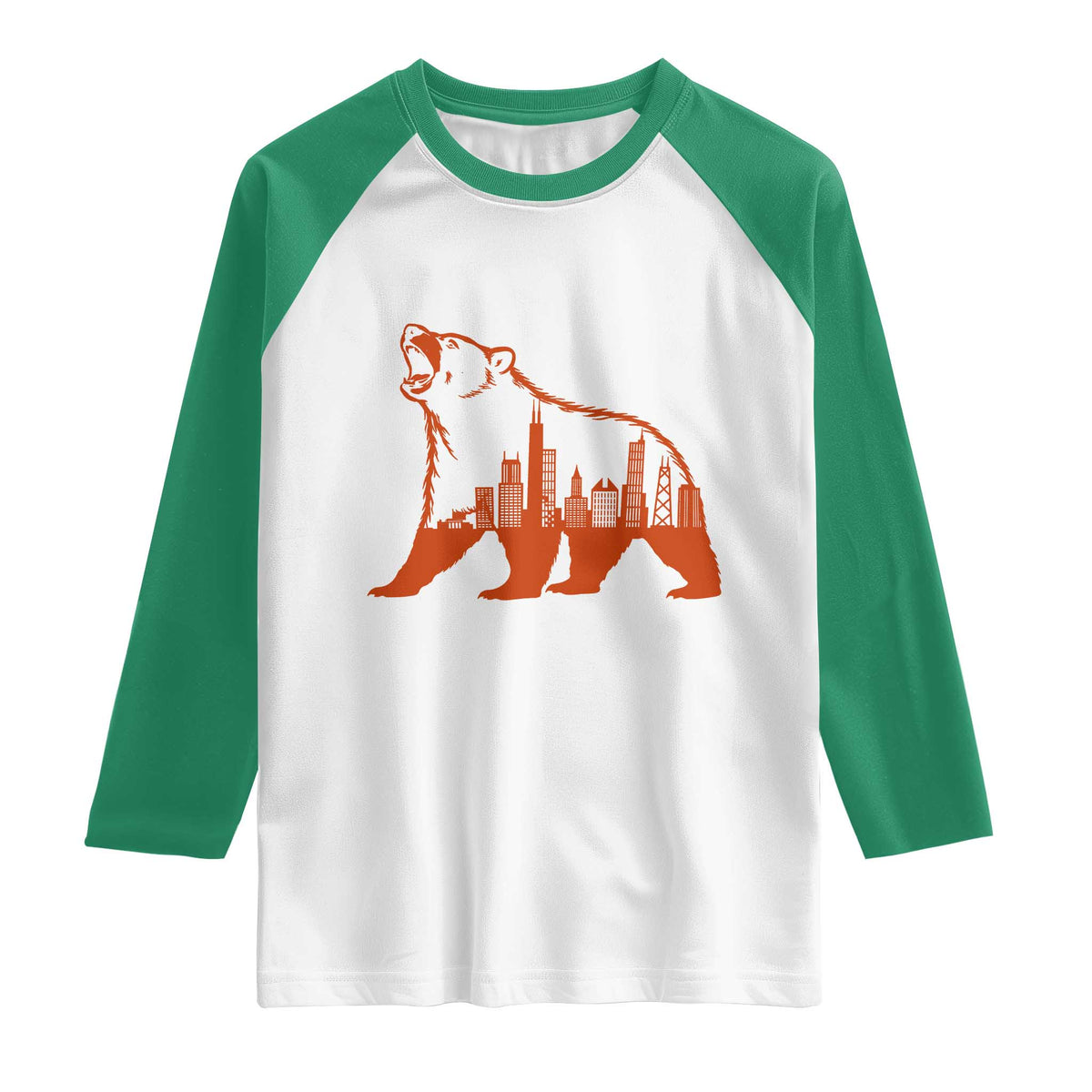 Chicago Skyline Bear Raglan Shirt Urban Streetwear Gift TS12 White Kelly Green Print Your Wear