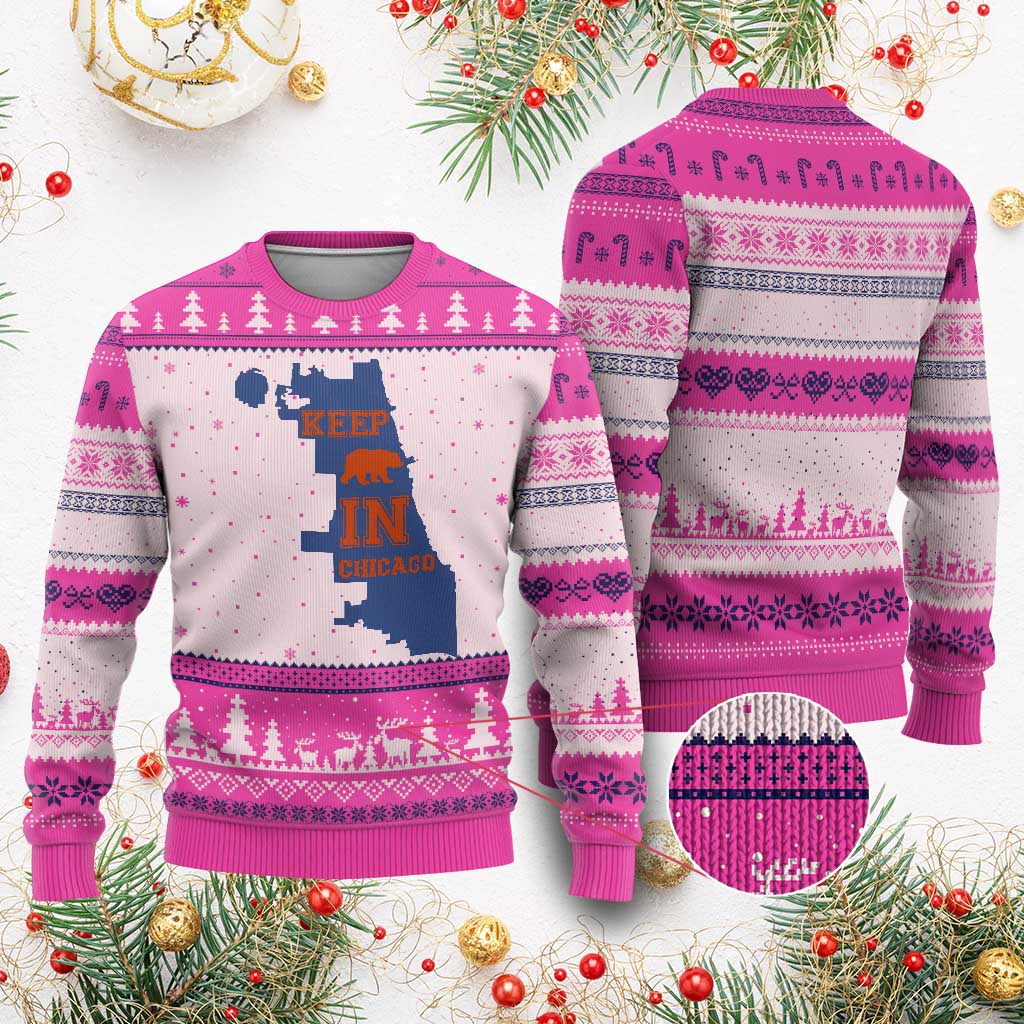 Chicago Map Bear Keep The Team Ugly Christmas Sweater Funny City Pride Gift TS12 Hot Pink Print Your Wear