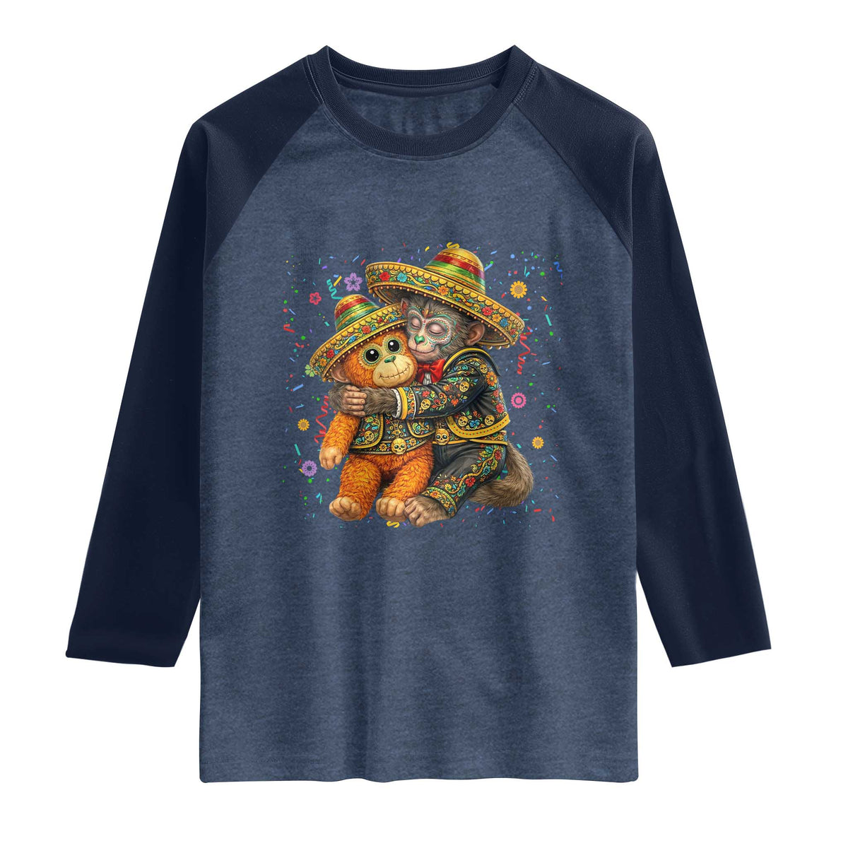 Funny Punch Baby Monkey Cinco De Mayo Raglan Shirt Mexican Fiesta Gift TS12 Heather Denim Navy Print Your Wear