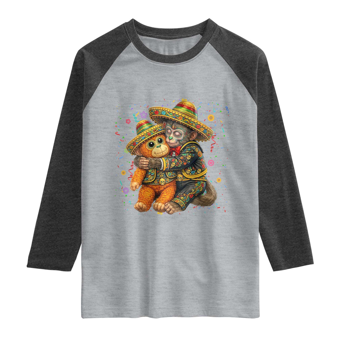 Funny Punch Baby Monkey Cinco De Mayo Raglan Shirt Mexican Fiesta Gift TS12 Heather Gray Heather Charcoal Print Your Wear