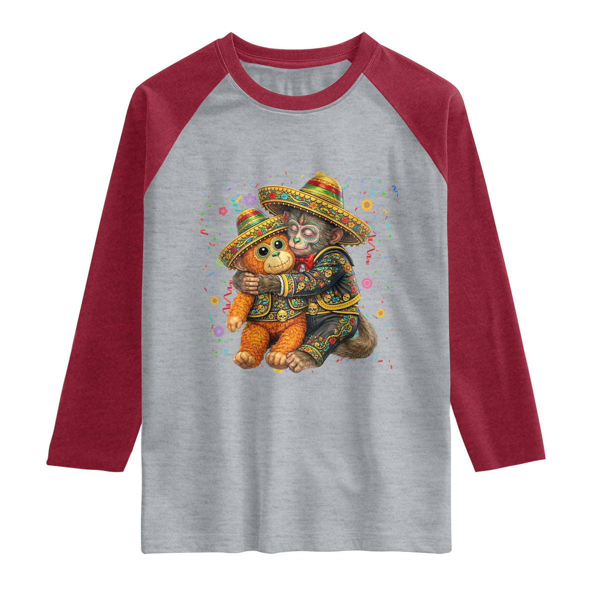 Funny Punch Baby Monkey Cinco De Mayo Raglan Shirt Mexican Fiesta Gift TS12 Heather Gray Heather Red Print Your Wear