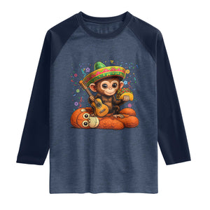 Cute Punch Baby Monkey Cinco De Mayo Raglan Shirt Funny Animal Gift TS12 Heather Denim Navy Print Your Wear