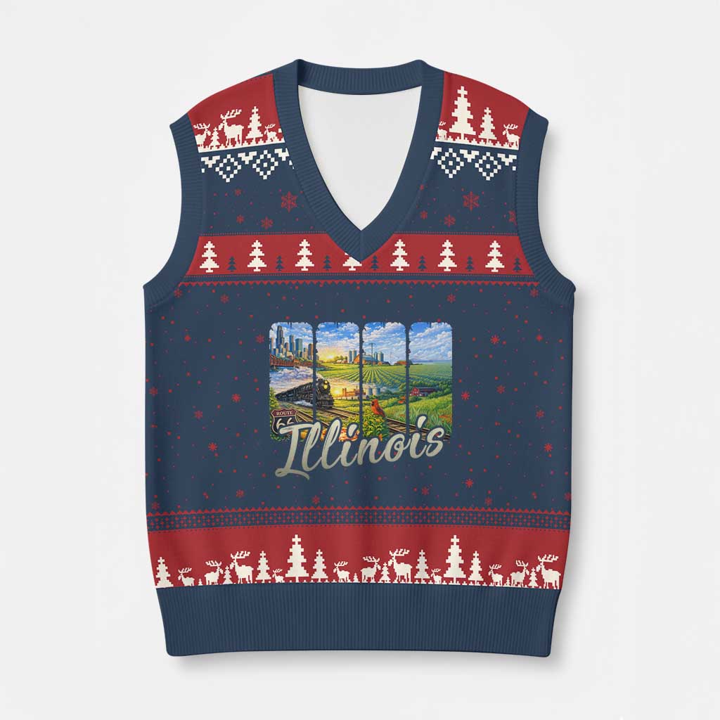 Vintage Illinois State Route Highway 66 V-Neck Knit Sweater Vest Southwest Souvenir TS12 Navy Red Print Your Wear