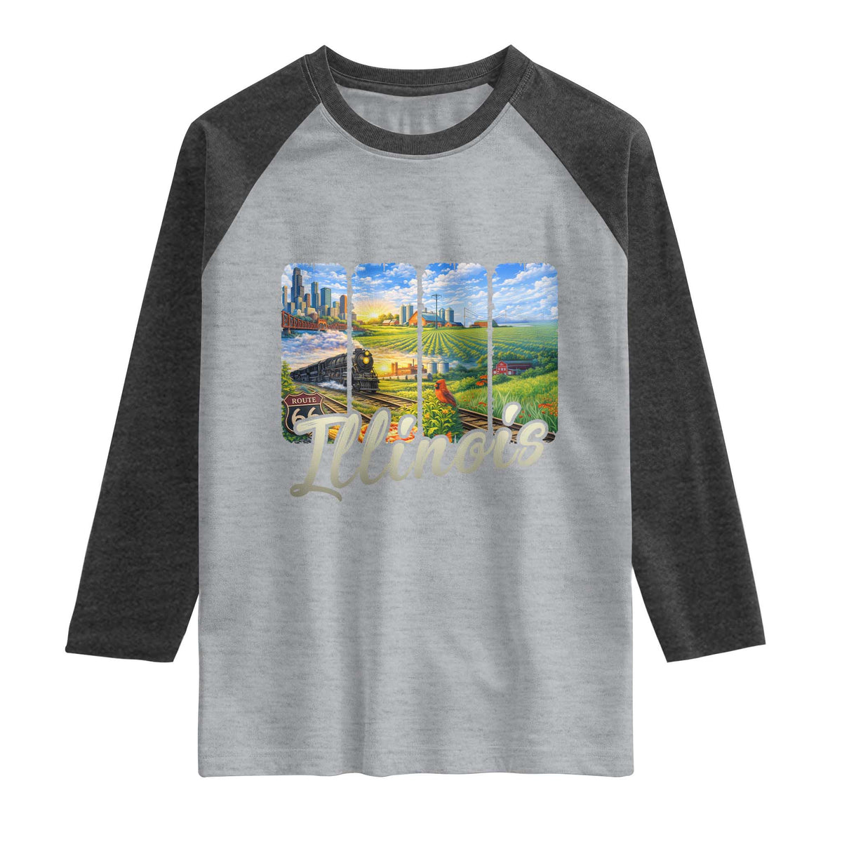 Vintage Illinois State Route Highway 66 Raglan Shirt Southwest Souvenir TS12 Heather Gray Heather Charcoal Print Your Wear