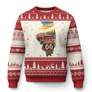 Route Highway 66 Illinois State Pride Ugly Christmas Sweater Mother Road Travel Gift TS12 Beige Red Print Your Wear