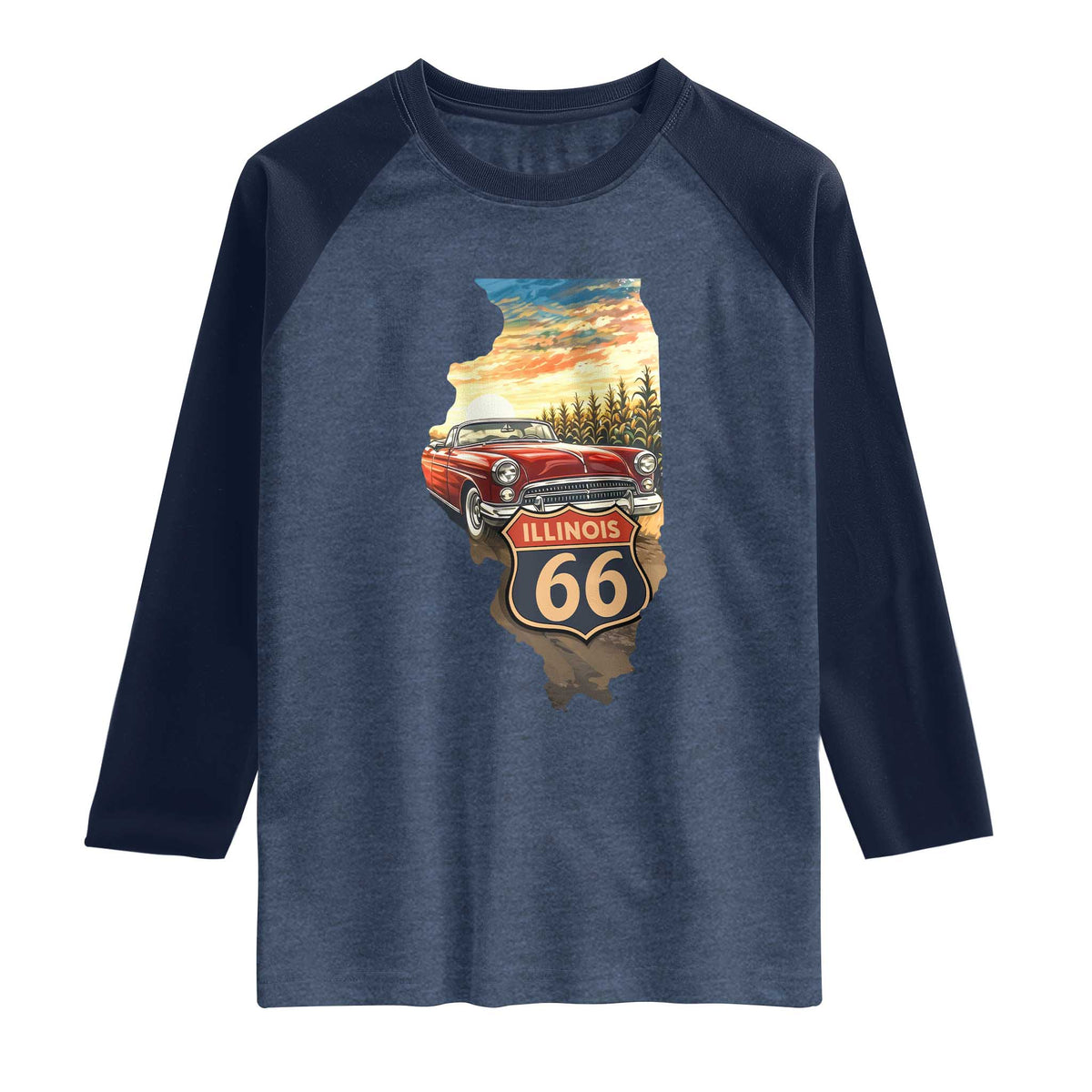 Route Highway 66 Illinois State Pride Raglan Shirt Mother Road Travel Gift TS12 Heather Denim Navy Print Your Wear