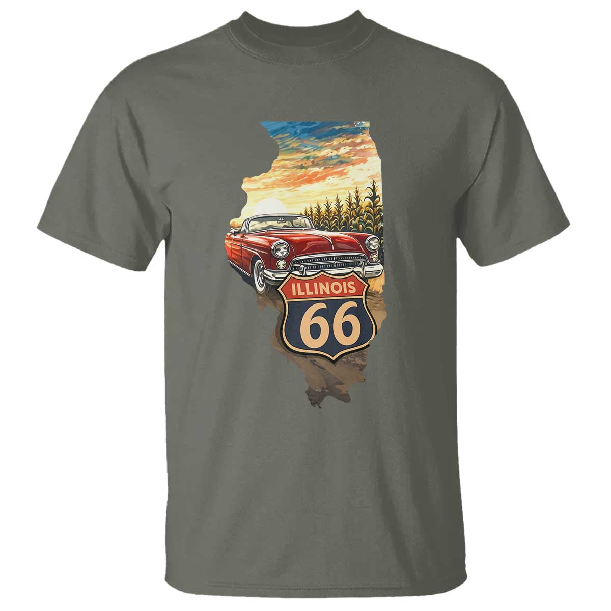 Route Highway 66 Illinois State Pride T Shirt Mother Road Travel Gift TS12 Military Green Print Your Wear