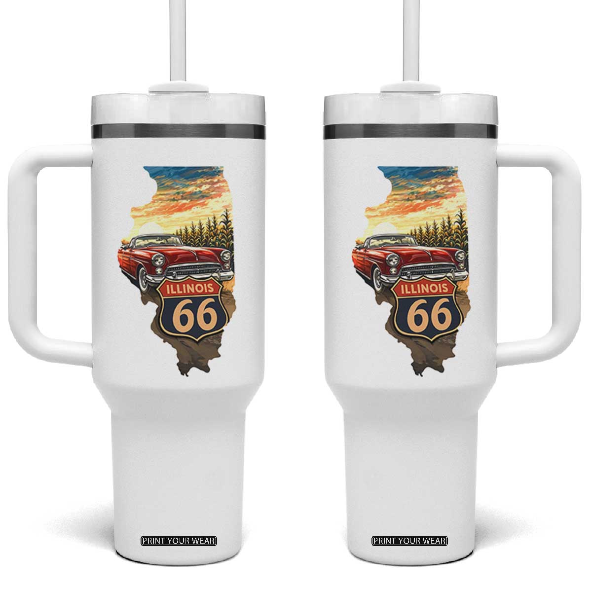 Route Highway 66 Illinois State Pride Tumbler With Handle Mother Road Travel Gift TS12 One Size: 40 oz White Print Your Wear