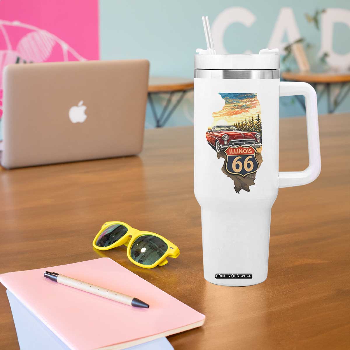 Route Highway 66 Illinois State Pride Tumbler With Handle Mother Road Travel Gift TS12 Print Your Wear