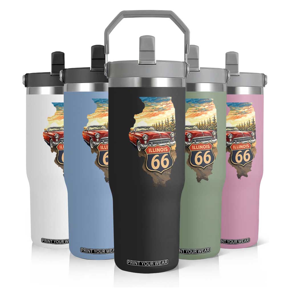 Route Highway 66 Illinois State Pride Flip Straw Tumbler Mother Road Travel Gift TS12 Print Your Wear