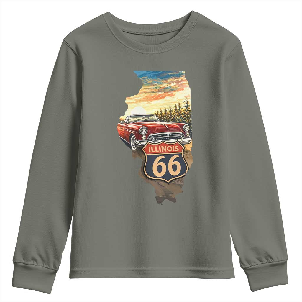 Route Highway 66 Illinois State Pride Youth Sweatshirt Mother Road Travel Gift TS12 Military Green Print Your Wear