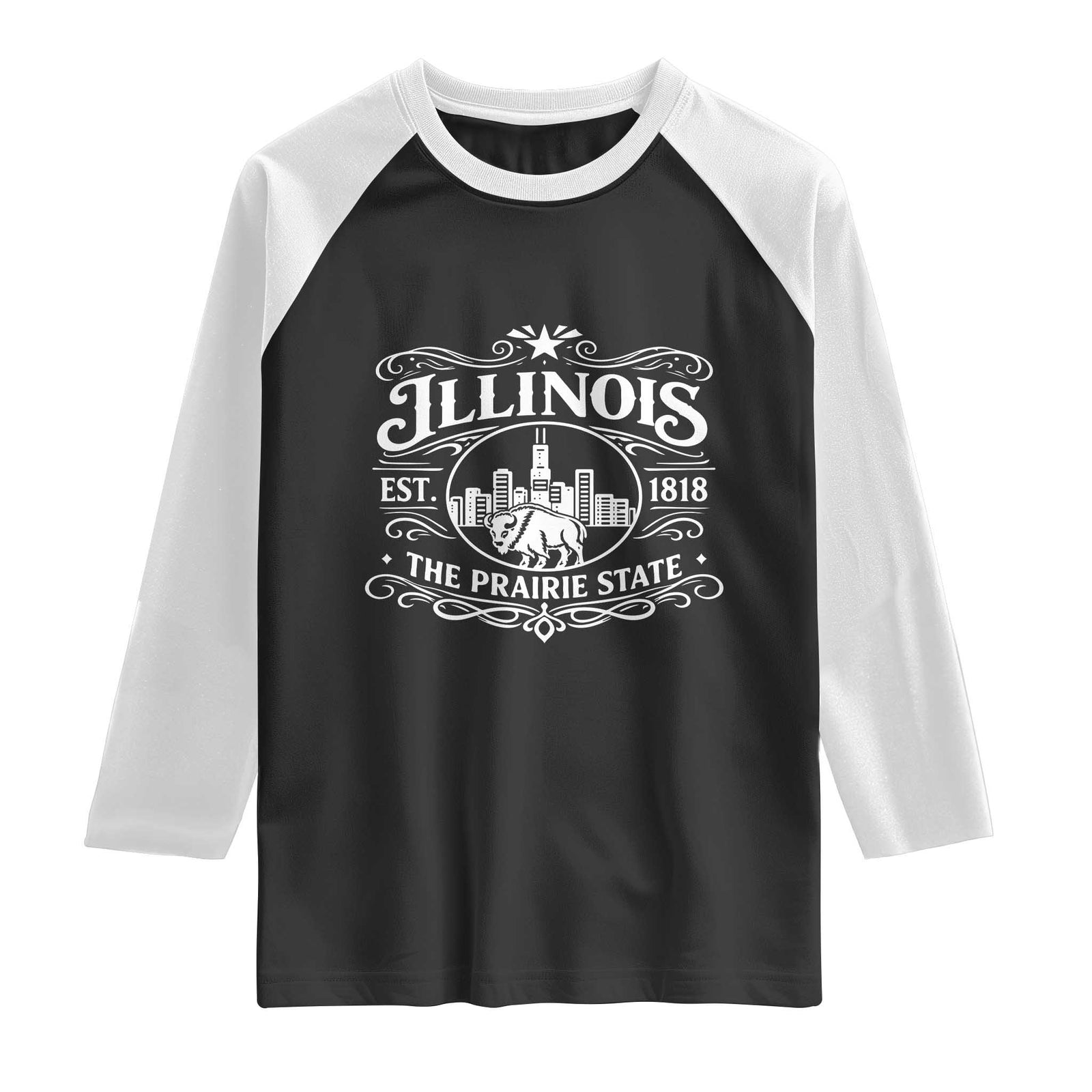 The Prairie State Illinois Souvenir Raglan Shirt Historic Midwest Gift TS12 Black White Print Your Wear
