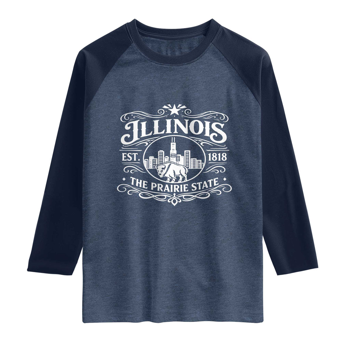The Prairie State Illinois Souvenir Raglan Shirt Historic Midwest Gift TS12 Heather Denim Navy Print Your Wear