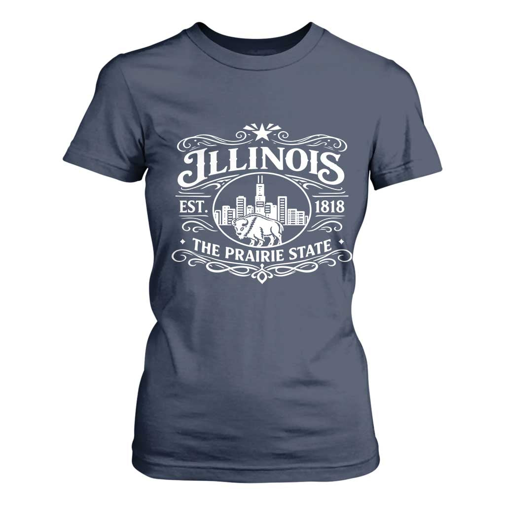 The Prairie State Illinois Souvenir T Shirt For Women Historic Midwest Gift TS12 Navy Print Your Wear