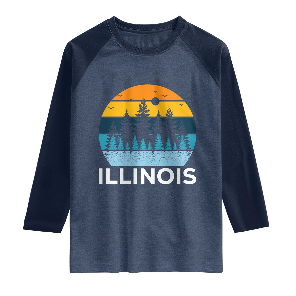 Vintage Illinois Mountain Forest Raglan Shirt Nature Adventure Gift TS12 Heather Denim Navy Print Your Wear