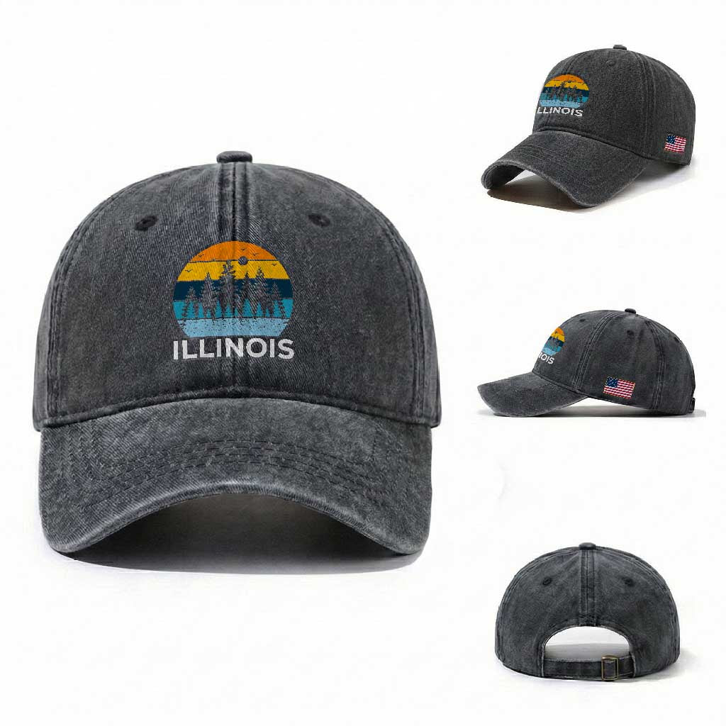 Vintage Illinois Mountain Forest Washed Cotton Baseball Cap Nature Adventure Gift TS12 Washed Cap Universal Fit Dark Gray Print Your Wear