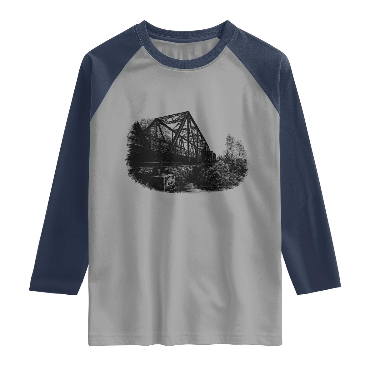 Mother Road Adventure Graphic Raglan Shirt Vintage Route Highway 66 Bridge TS12 Sport Gray Navy Print Your Wear