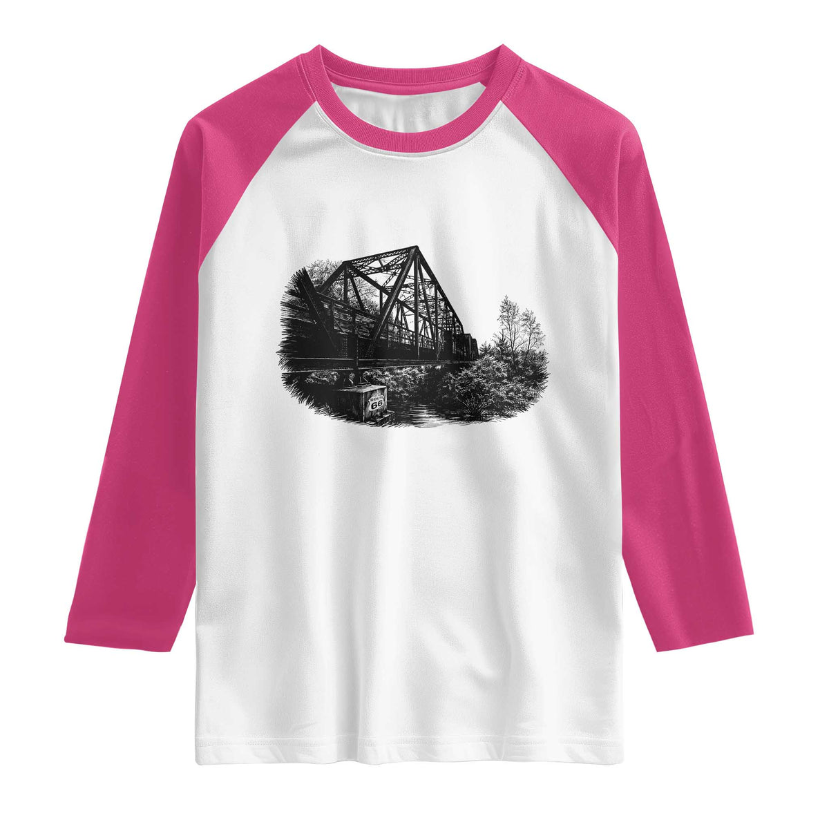 Mother Road Adventure Graphic Raglan Shirt Vintage Route Highway 66 Bridge TS12 White Heliconia Print Your Wear