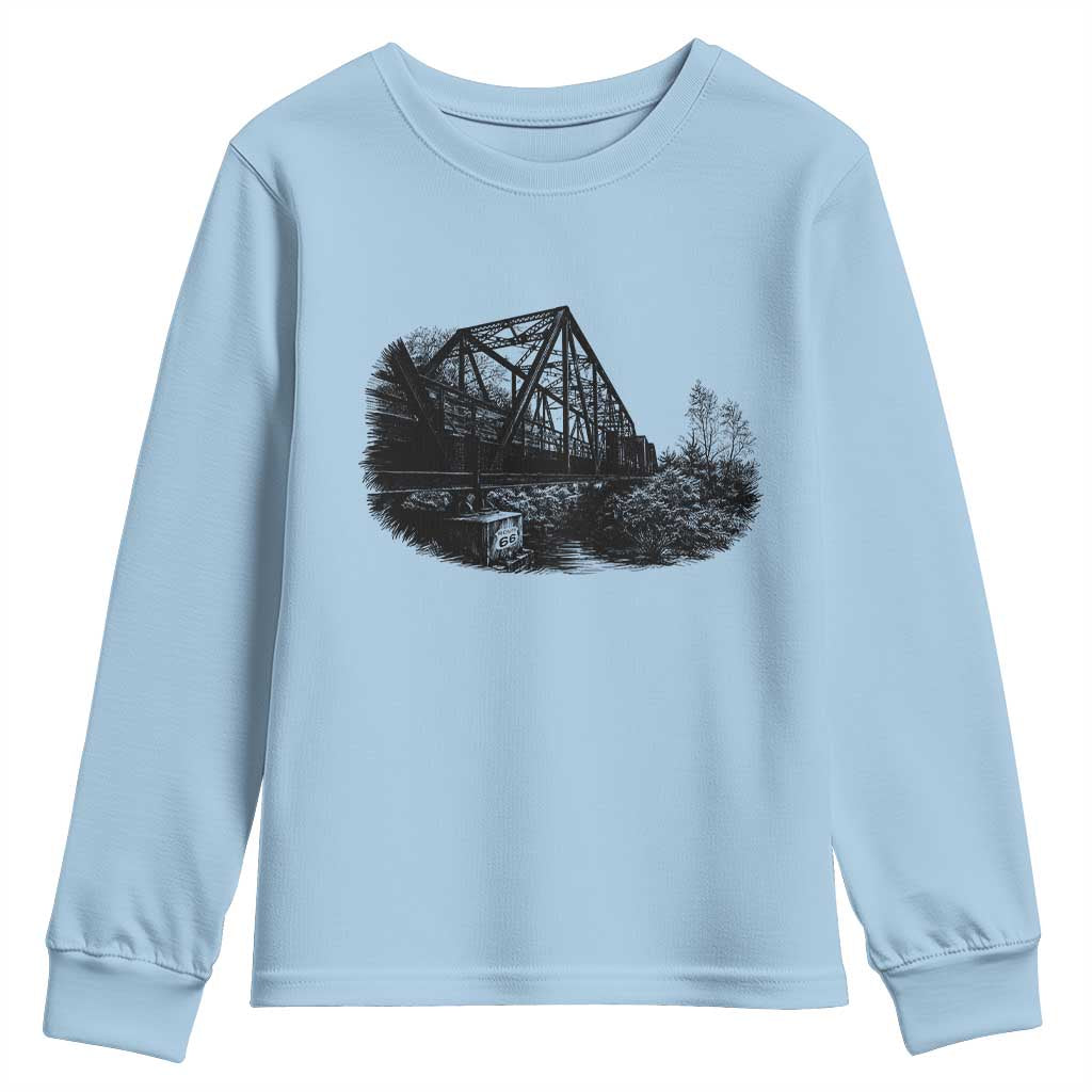 Mother Road Adventure Graphic Youth Sweatshirt Vintage Route Highway 66 Bridge TS12 Light Blue Print Your Wear