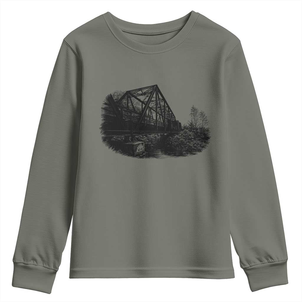 Mother Road Adventure Graphic Youth Sweatshirt Vintage Route Highway 66 Bridge TS12 Military Green Print Your Wear