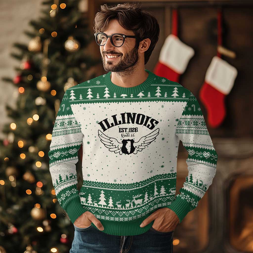 Illinois Route Highway 66 Souvenir Ugly Christmas Sweater Open Road Adventure TS12 Beige Green Print Your Wear