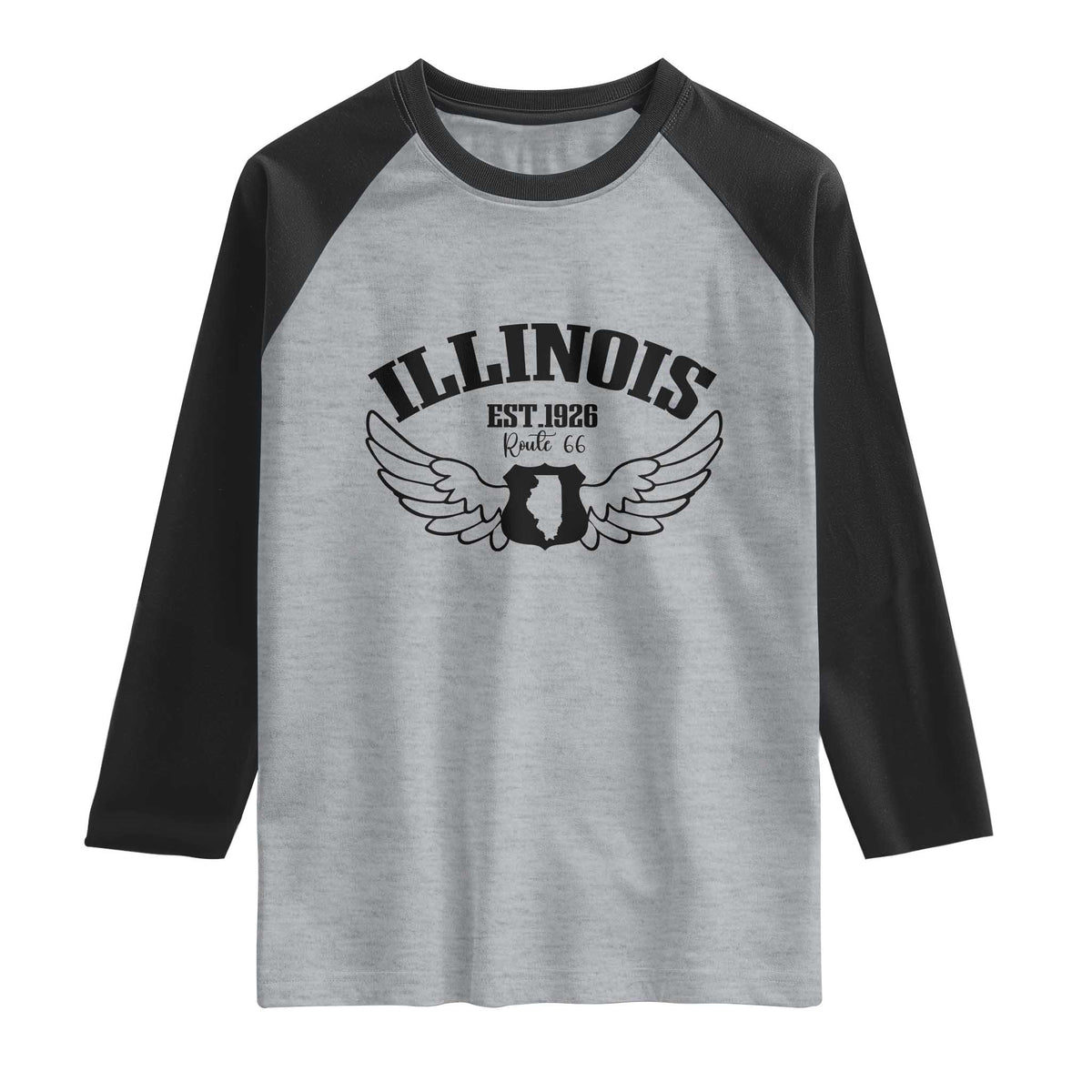 Illinois Route Highway 66 Souvenir Raglan Shirt Open Road Adventure TS12 Heather Gray Black Print Your Wear