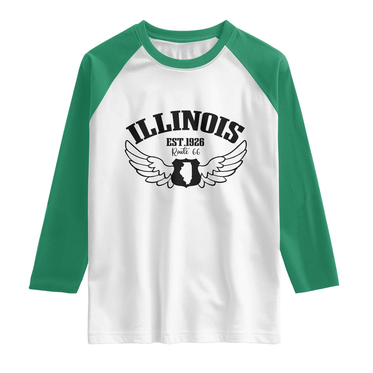 Illinois Route Highway 66 Souvenir Raglan Shirt Open Road Adventure TS12 White Kelly Green Print Your Wear