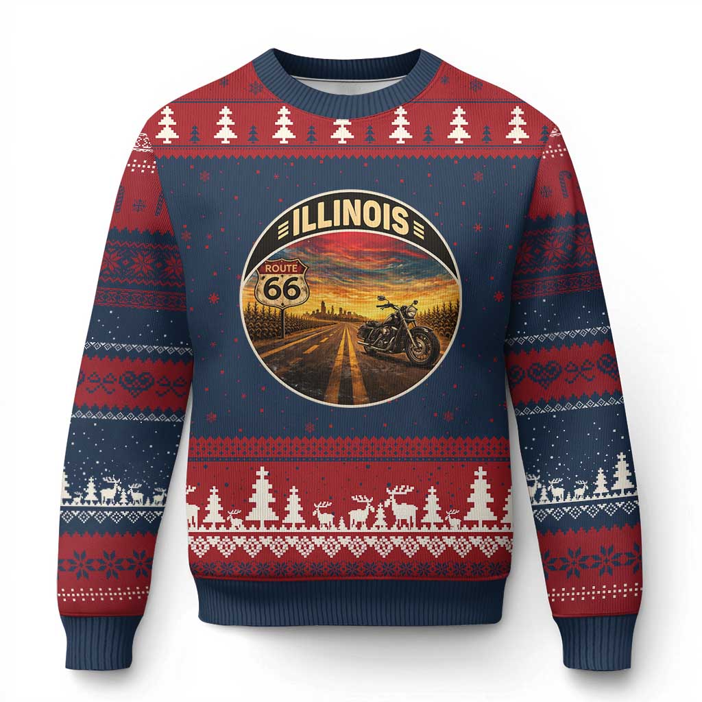 Illinois Route Highway 66 Motorcycle Ugly Christmas Sweater Road Trip Adventure TS12 Navy Red Print Your Wear