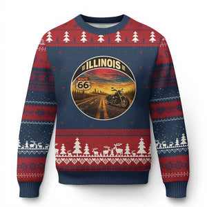 Illinois Route Highway 66 Motorcycle Ugly Christmas Sweater Road Trip Adventure TS12 Navy Red Print Your Wear