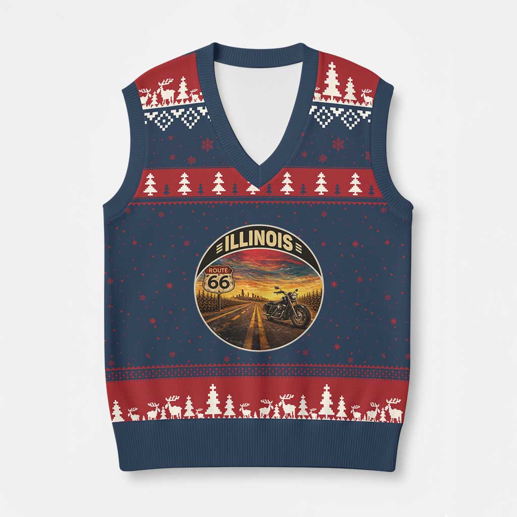 Illinois Route Highway 66 Motorcycle V-Neck Knit Sweater Vest Road Trip Adventure TS12 Navy Red Print Your Wear