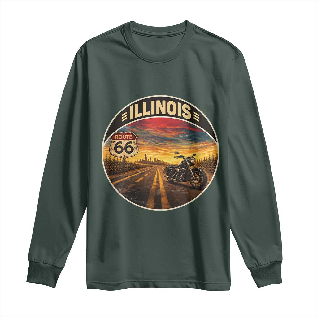 Illinois Route Highway 66 Motorcycle Long Sleeve Shirt Road Trip Adventure TS12 Dark Forest Green Print Your Wear