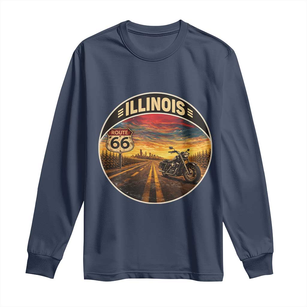 Illinois Route Highway 66 Motorcycle Long Sleeve Shirt Road Trip Adventure TS12 Navy Print Your Wear